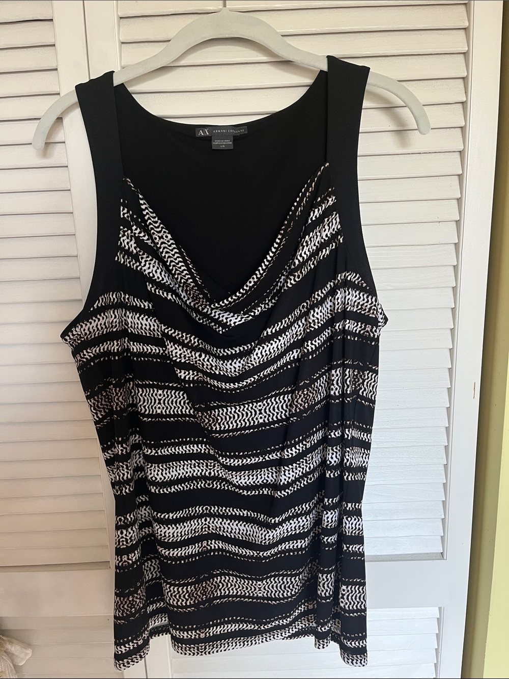 Armani Exchange Black & White Draped Cowl Neck Tank